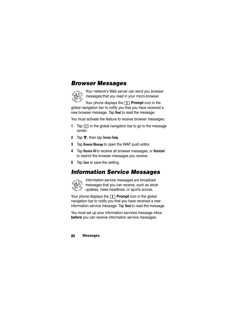 Browser messages, Information service messages | Motorola A780 User Manual | Page 86 / 182