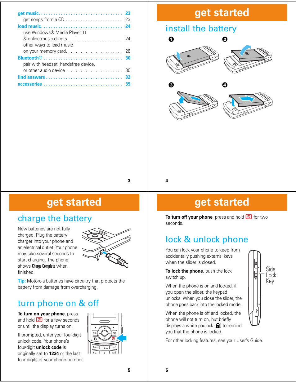 Get started, Install the battery, Charge the battery | Turn phone on & off, Lock & unlock phone, Side lock key | Motorola Z6M User Manual | Page 2 / 11