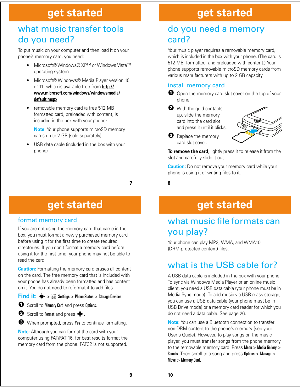 Get started, What music transfer tools do you need, What music file formats can you play | What is the usb cable for | Motorola Z6M User Manual | Page 3 / 11