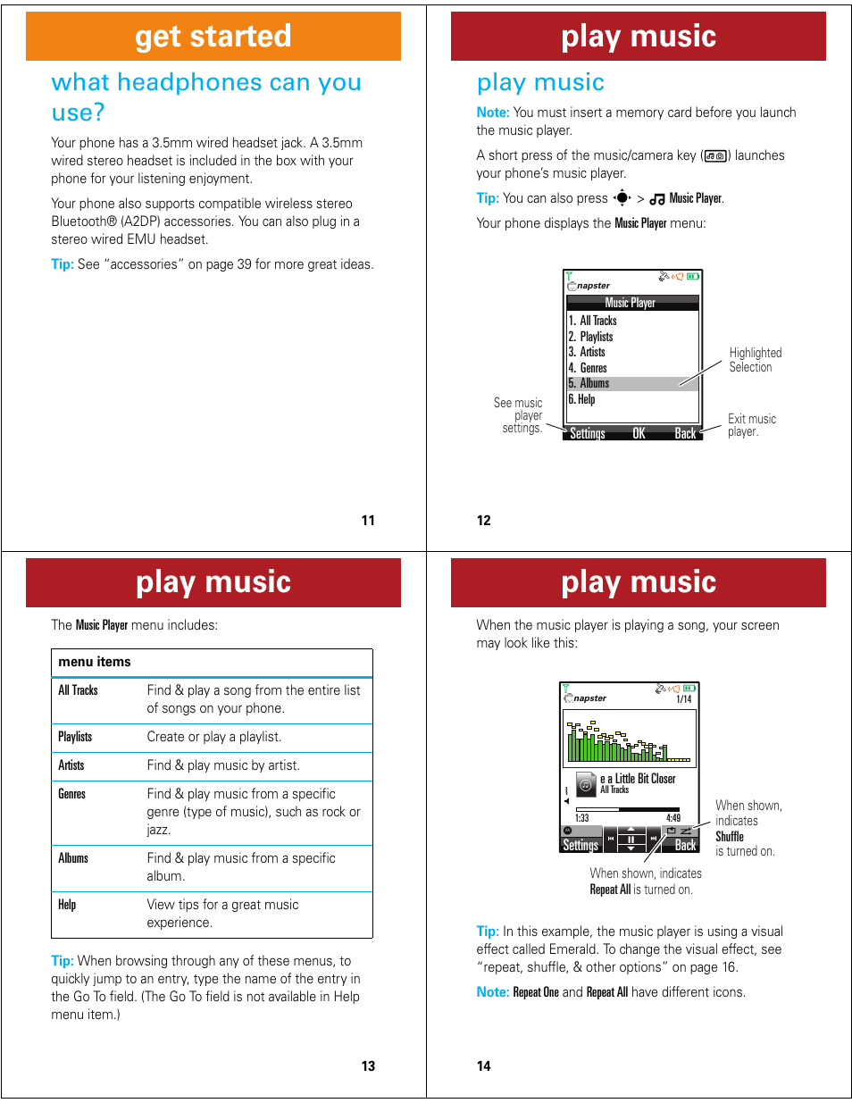 Get started, Play music, What headphones can you use | Motorola Z6M User Manual | Page 4 / 11