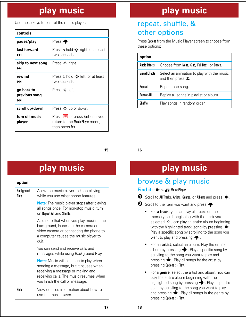 Play music, Repeat, shuffle, & other options, Browse & play music | Motorola Z6M User Manual | Page 5 / 11