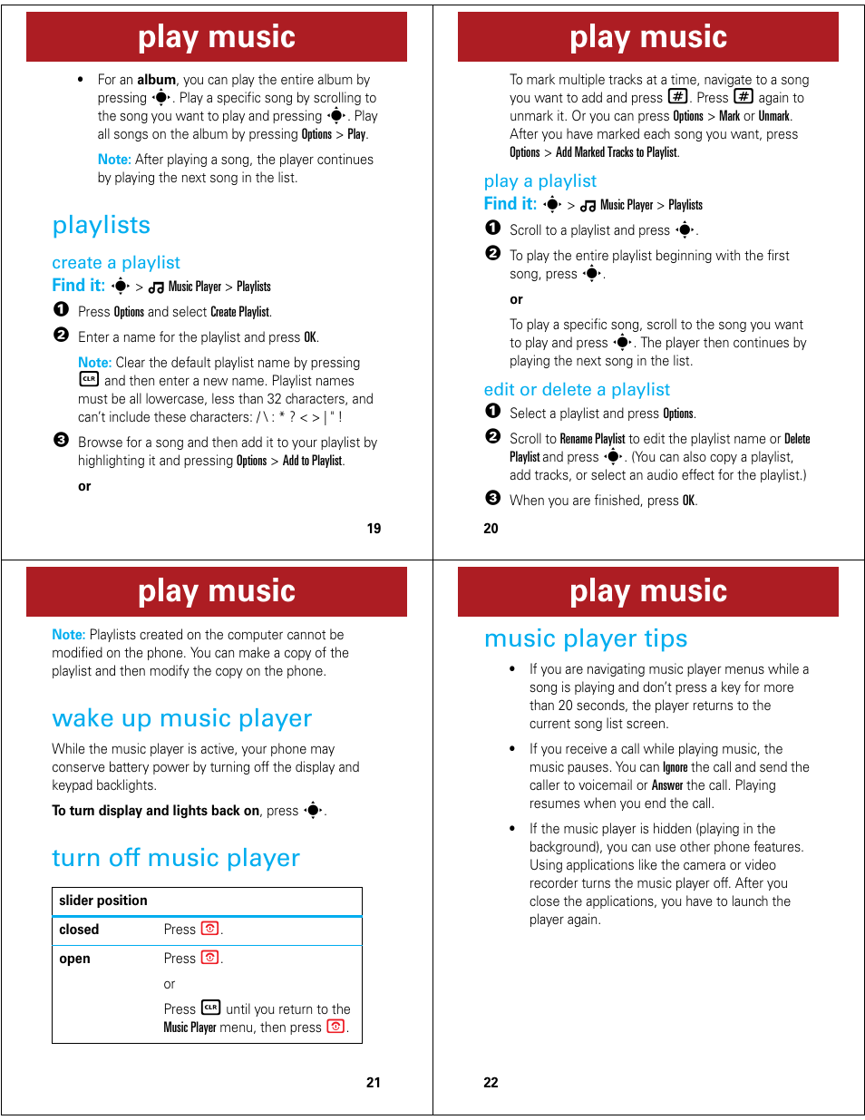 Play music, Playlists, Wake up music player | Turn off music player, Music player tips | Motorola Z6M User Manual | Page 6 / 11