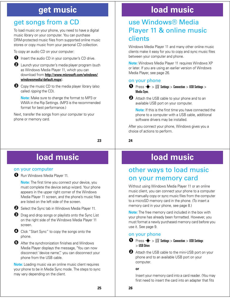 Get music, Load music, Get songs from a cd | Motorola Z6M User Manual | Page 7 / 11