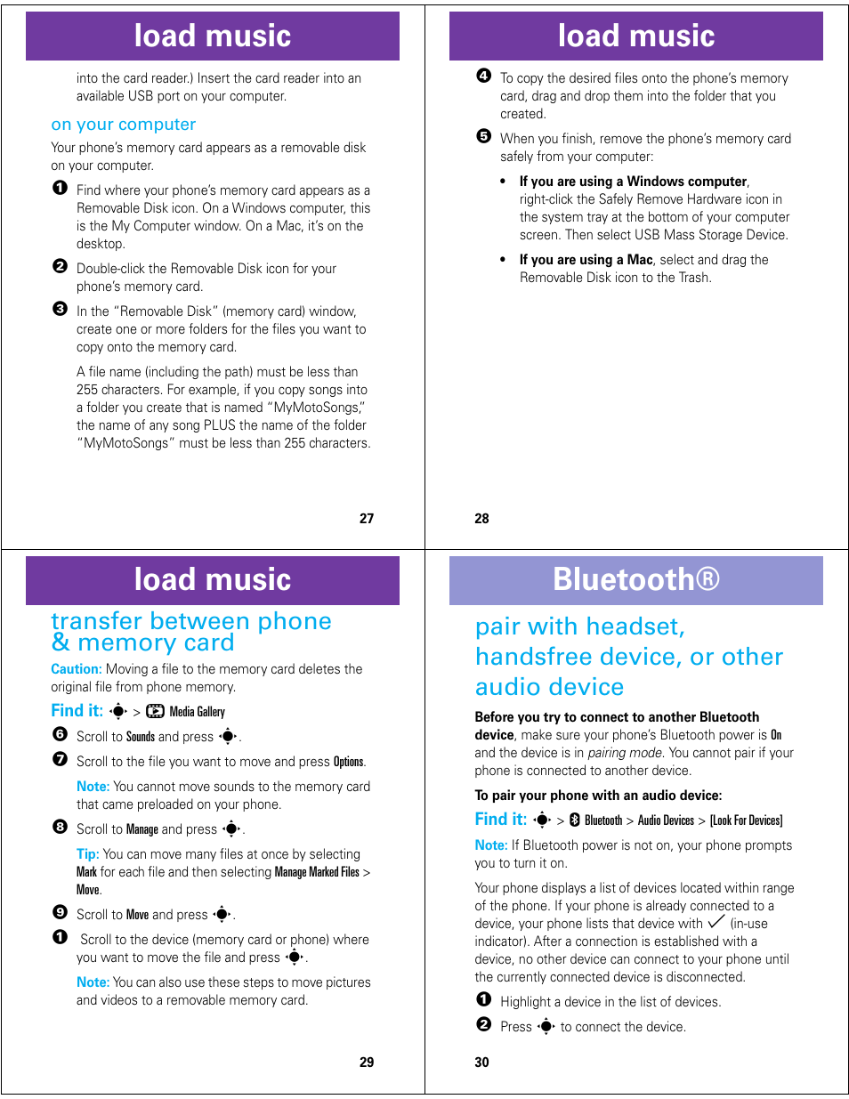 Load music, Bluetooth | Motorola Z6M User Manual | Page 8 / 11