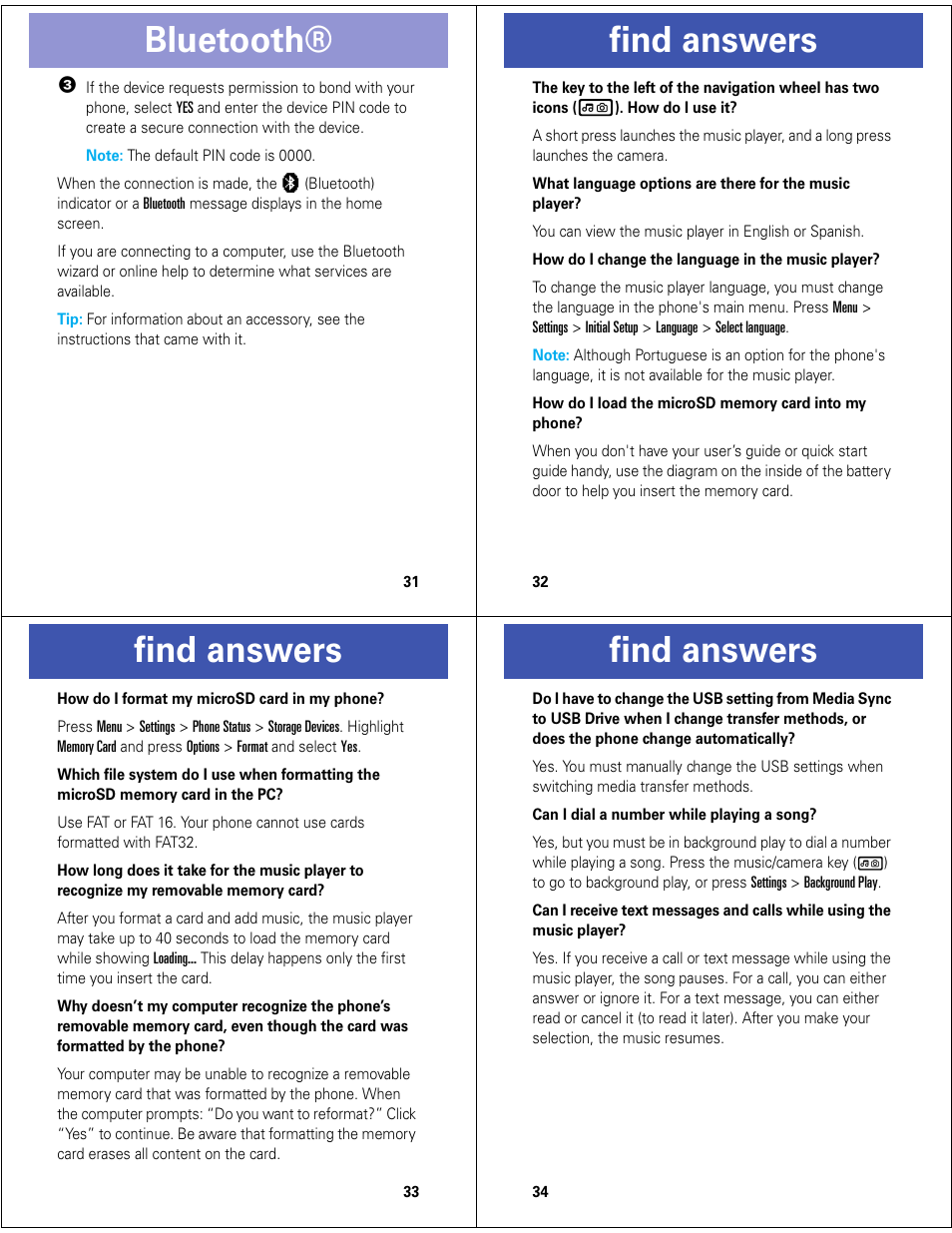 Bluetooth, Find answers | Motorola Z6M User Manual | Page 9 / 11