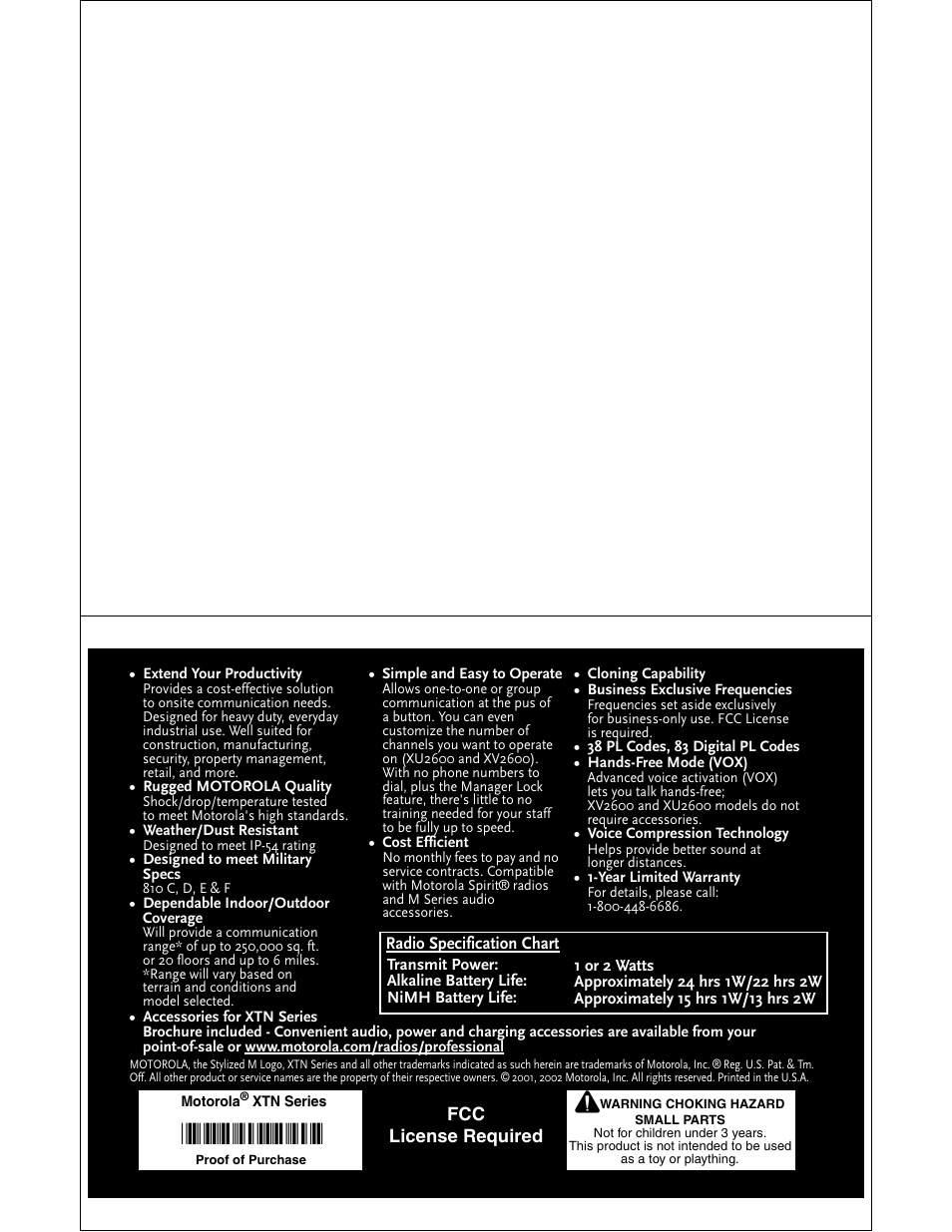 Xtnxtn, Fcc license required | Motorola XU2100 User Manual | Page 35 / 35