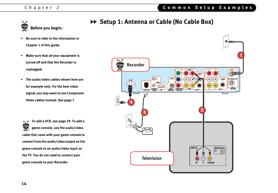 Setup 1: antenna or cable (no cable box), P. 14, Television | Recorder | Motorola DVD User Manual | Page 19 / 65