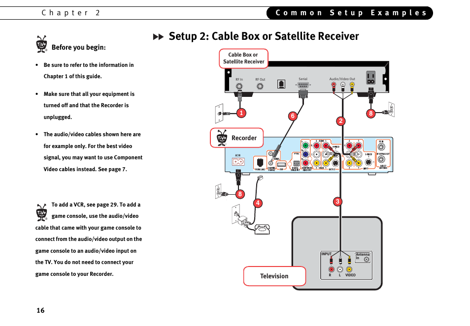 Setup 2: cable box or satellite receiver, Setup 2: cable box o satellite receiver, P. 16 | Motorola DVD User Manual | Page 21 / 65