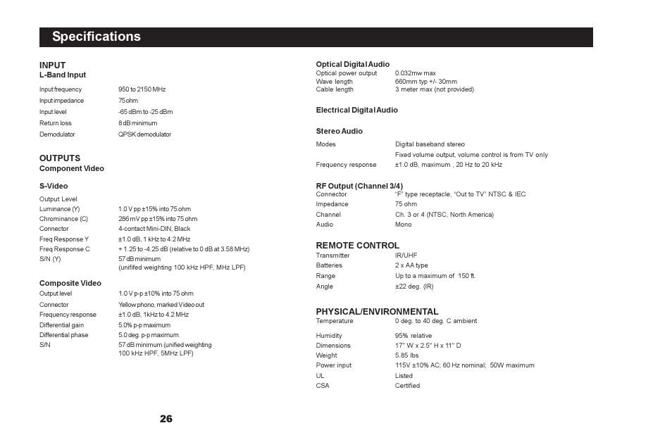 Specifications | Motorola DSR500 User Manual | Page 26 / 28