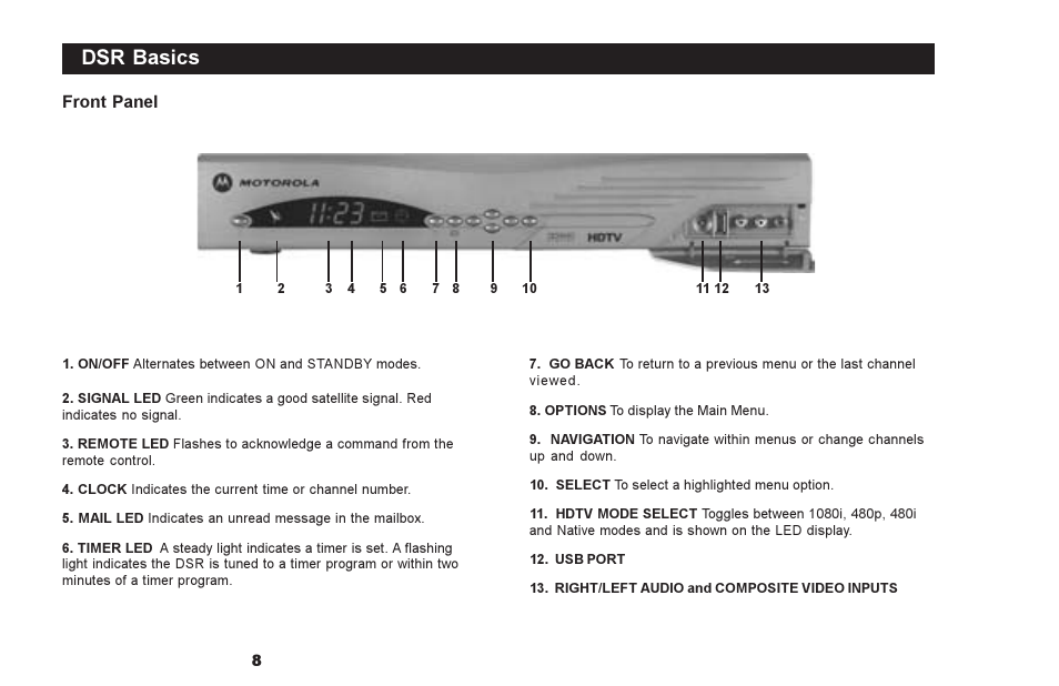 Dsr basics, Front panel | Motorola DSR500 User Manual | Page 8 / 28