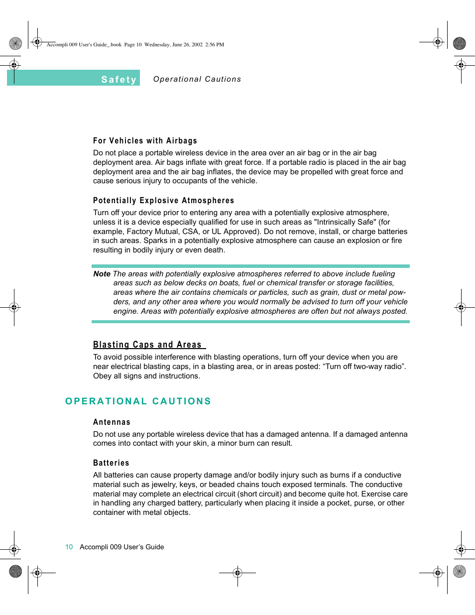 For vehicles with airbags, Potentially explosive atmospheres, Operational cautions | Antennas, Batteries | Motorola 009 User Manual | Page 10 / 190