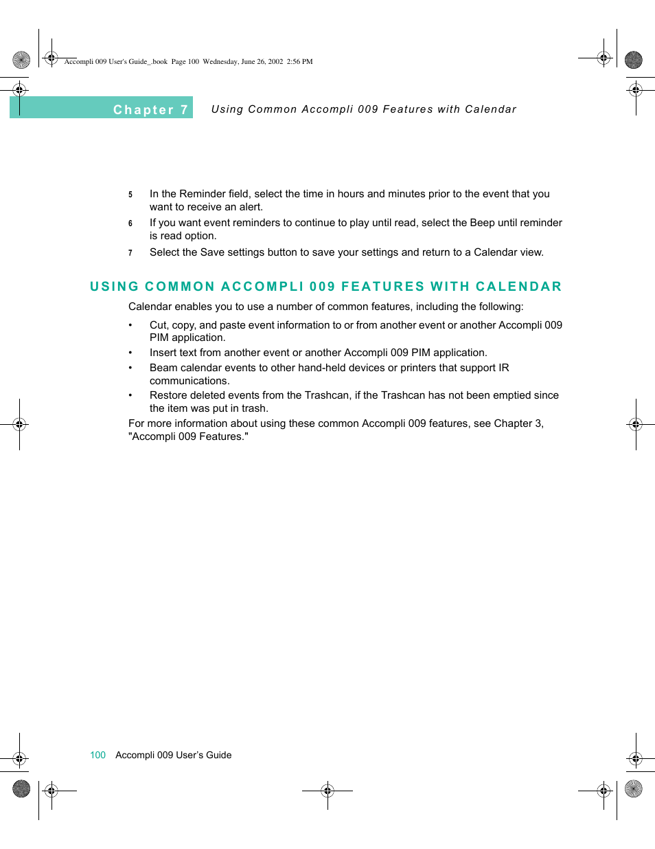 Using common accompli 009 features with calendar | Motorola 009 User Manual | Page 100 / 190