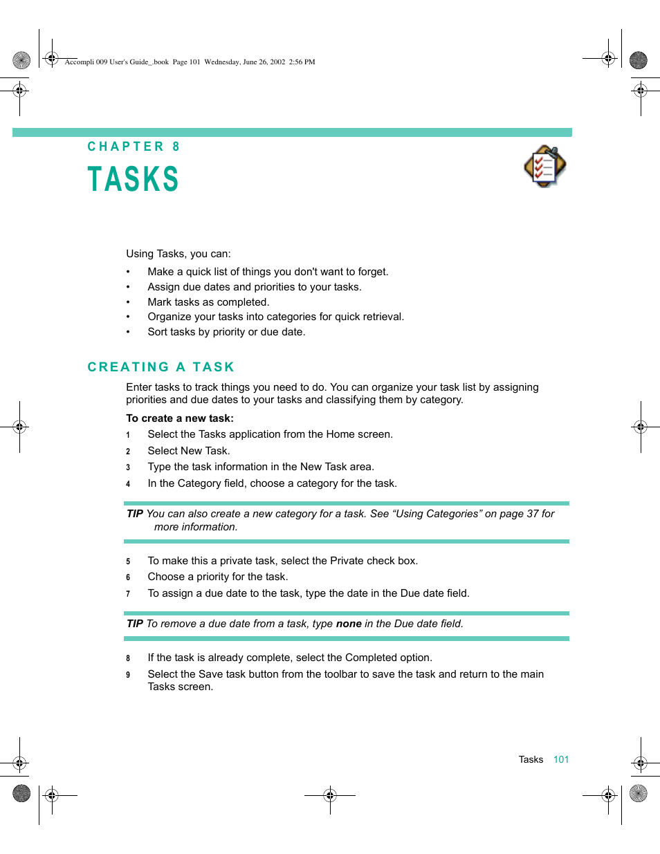 Creating a task, Tasks 101, Creating a task 101 | Tasks | Motorola 009 User Manual | Page 101 / 190