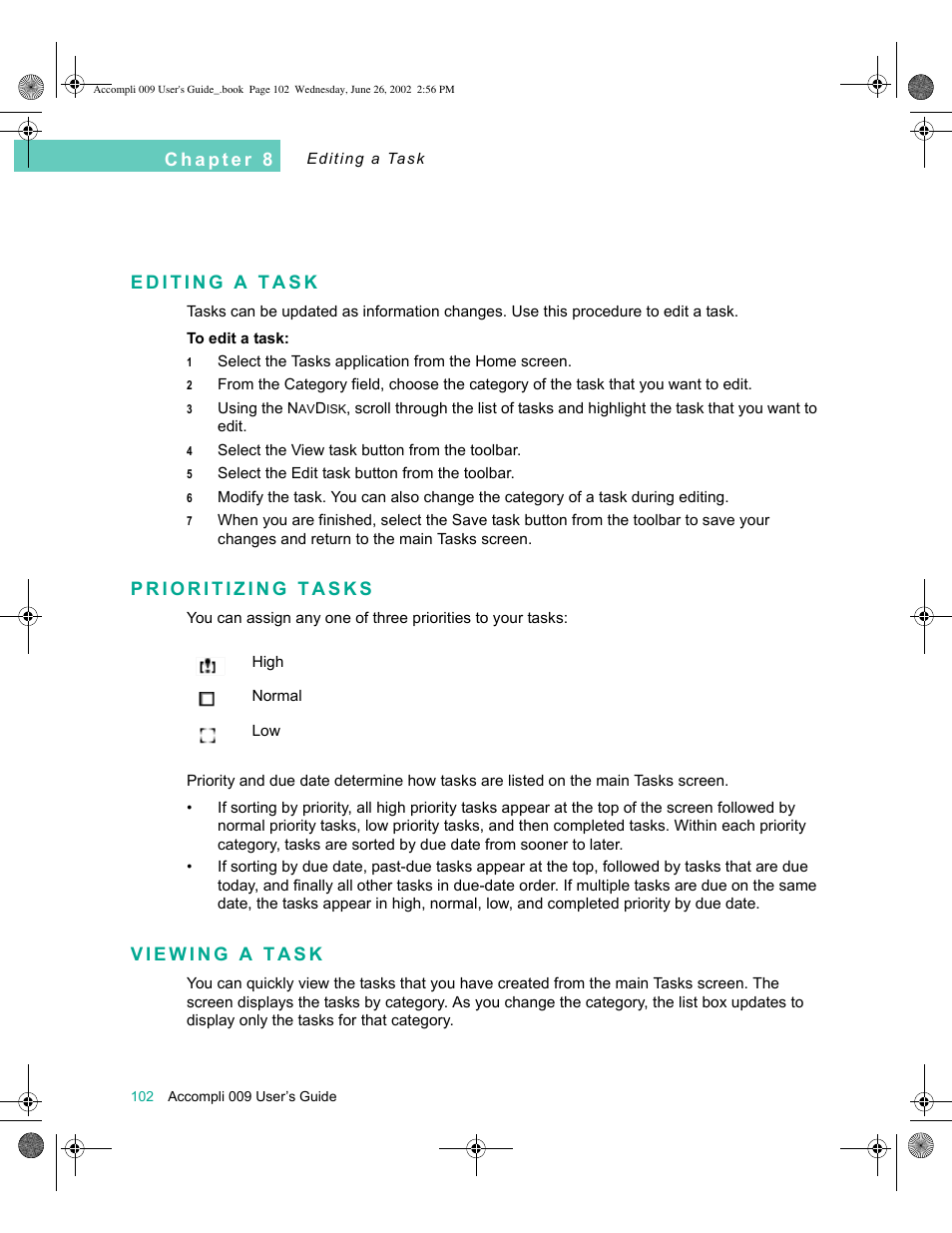 Editing a task, Prioritizing tasks, Viewing a task | Motorola 009 User Manual | Page 102 / 190