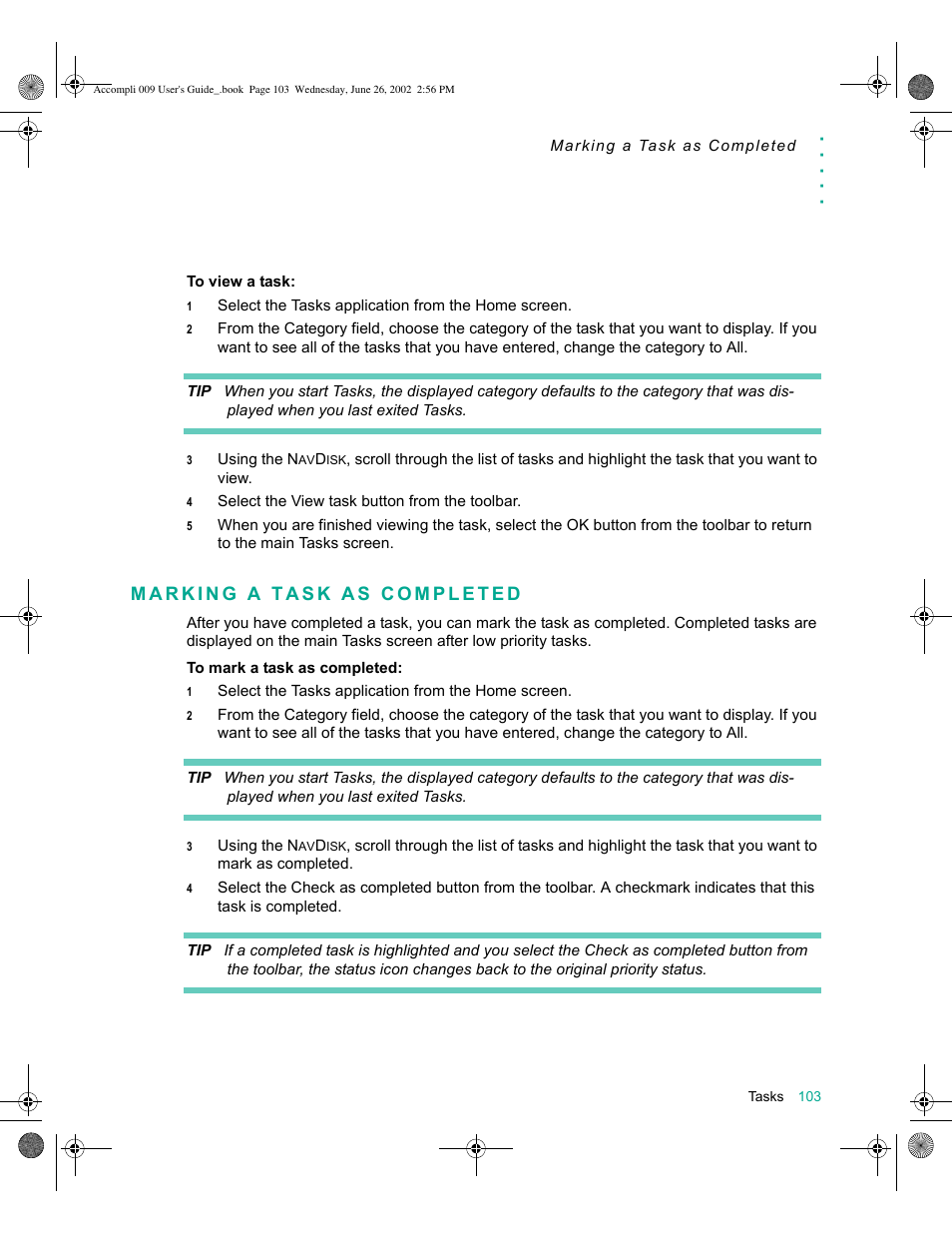 Marking a task as completed, Marking a task as completed 103 | Motorola 009 User Manual | Page 103 / 190