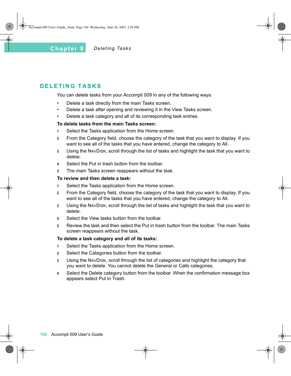 Deleting tasks, Deleting tasks 104 | Motorola 009 User Manual | Page 104 / 190