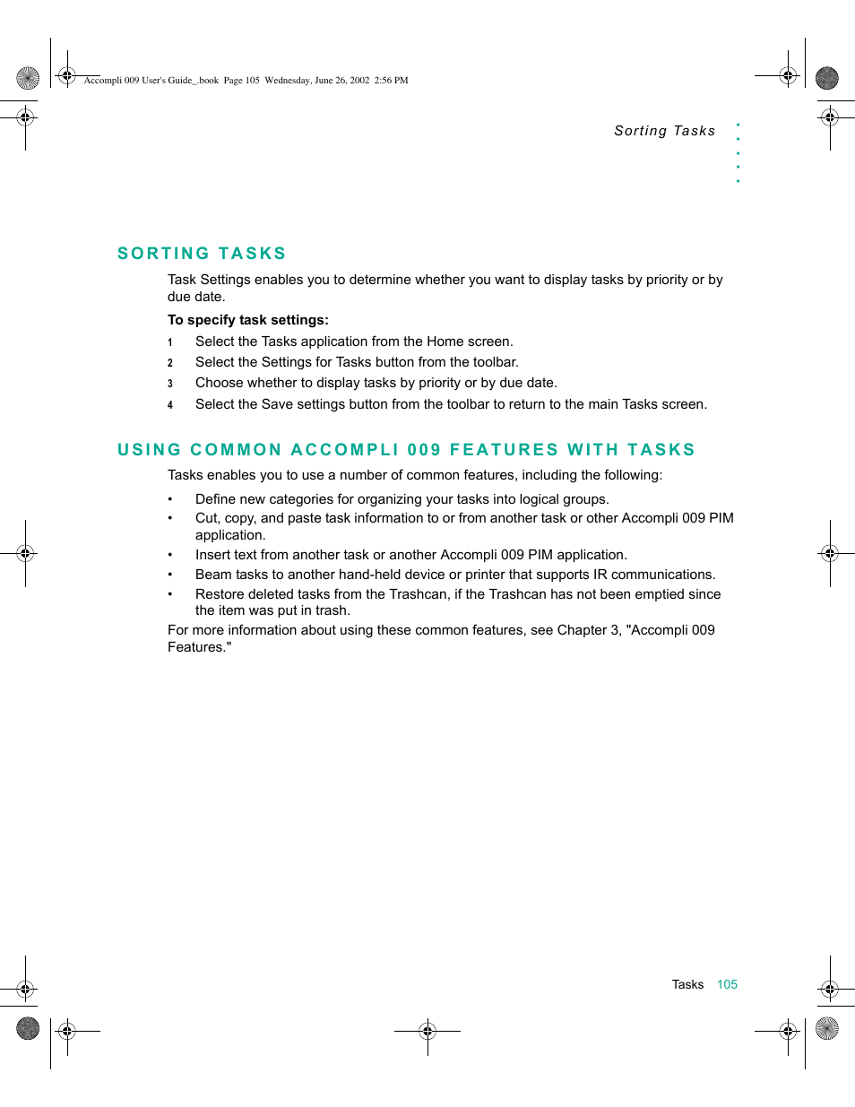 Sorting tasks, Using common accompli 009 features with tasks | Motorola 009 User Manual | Page 105 / 190