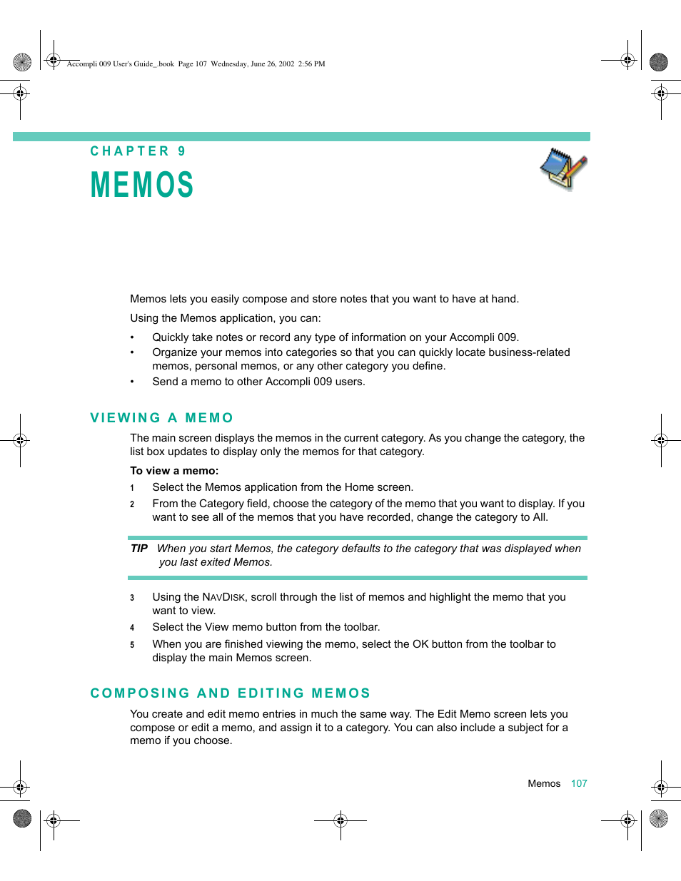 Viewing a memo, Composing and editing memos, Memos 107 | Viewing a memo 107 composing and editing memos 107 | Motorola 009 User Manual | Page 107 / 190