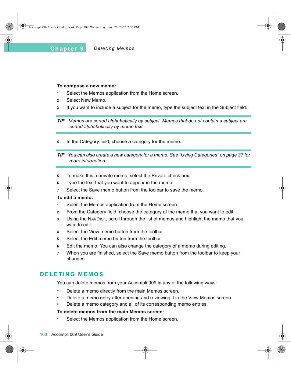 Deleting memos, Deleting memos 108 | Motorola 009 User Manual | Page 108 / 190