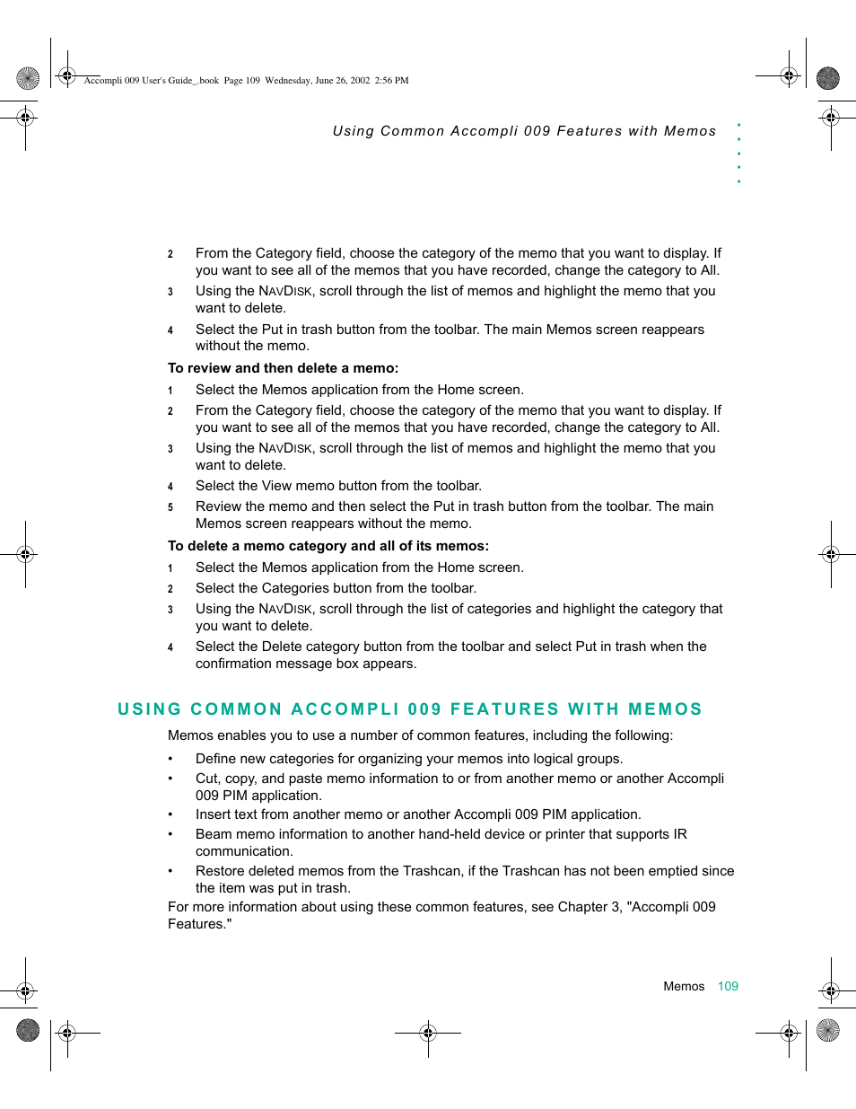 Using common accompli 009 features with memos, Using common accompli 009 features with memos 109, Device security 136 | Motorola 009 User Manual | Page 109 / 190