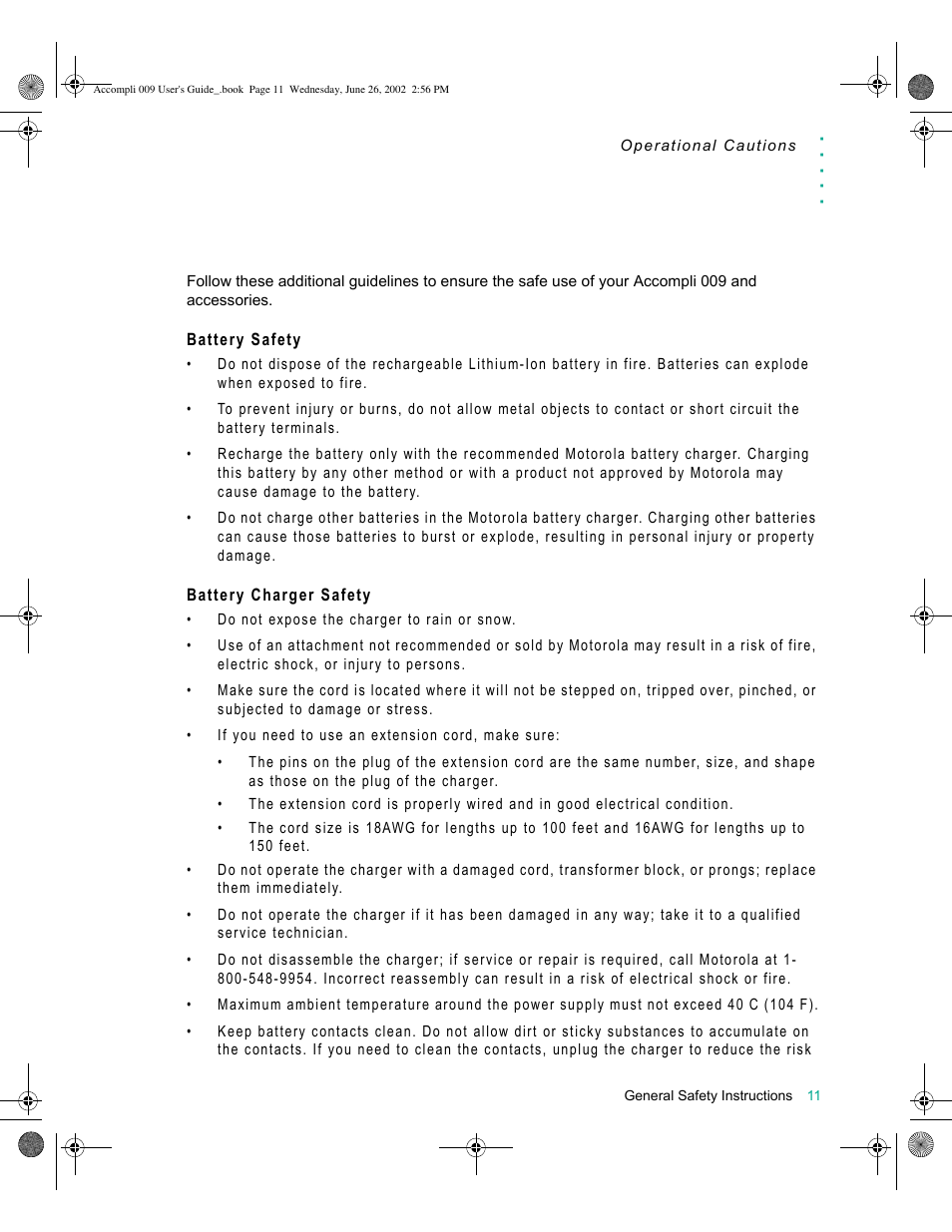 Battery safety, Battery charger safety | Motorola 009 User Manual | Page 11 / 190