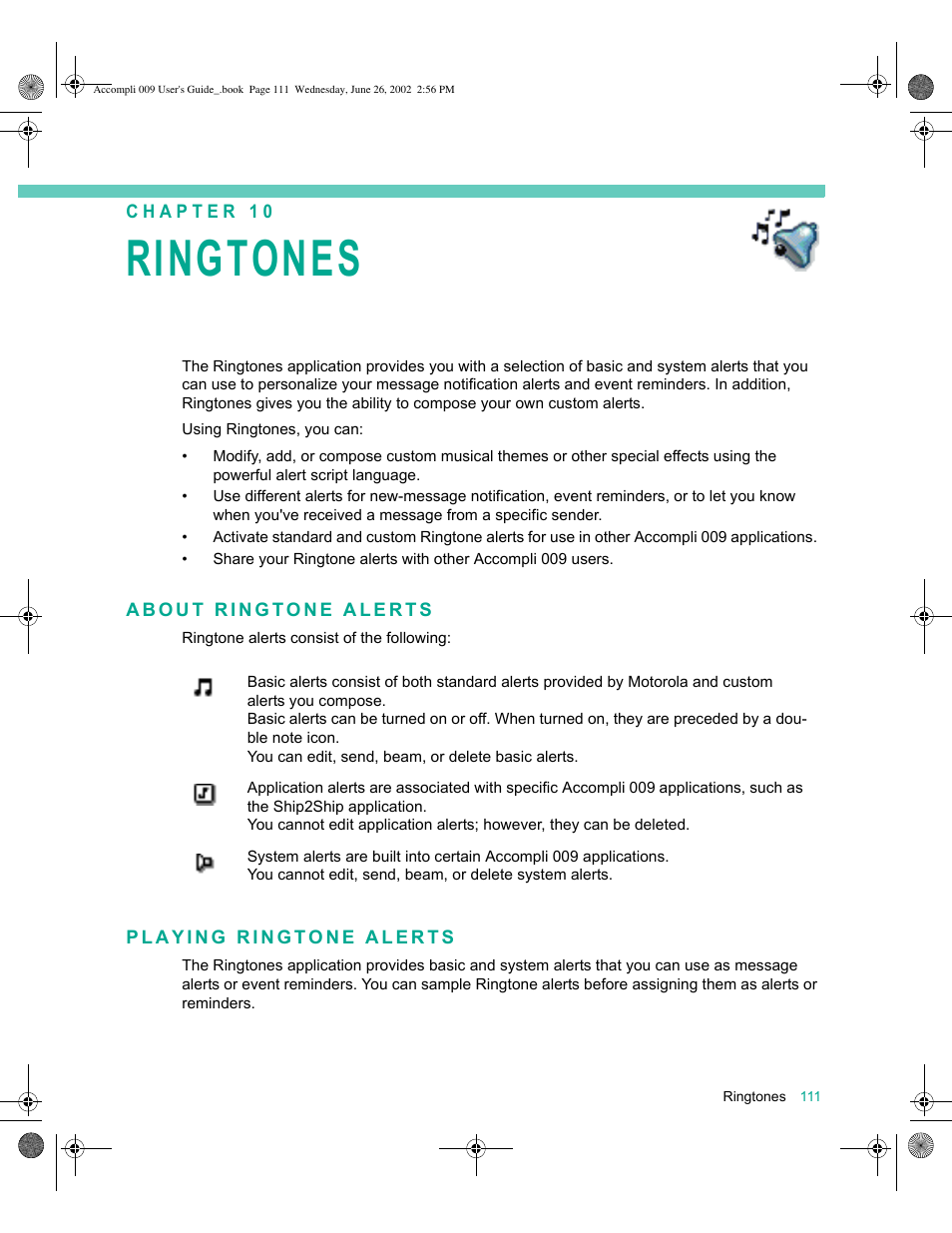 About ringtone alerts, Playing ringtone alerts, Ringtones 111 | Ringtones | Motorola 009 User Manual | Page 111 / 190