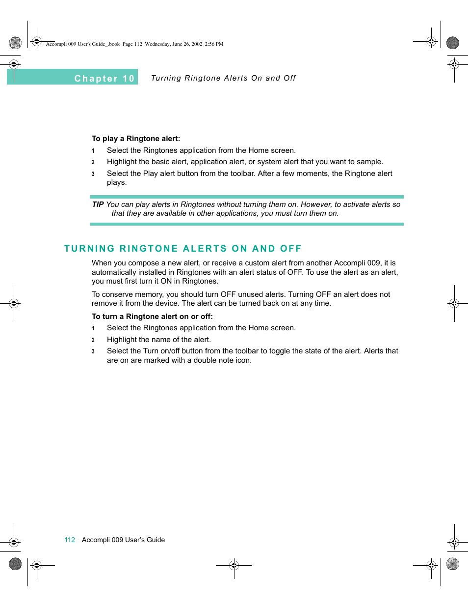 Turning ringtone alerts on and off, Turning ringtone alerts on and off 112 | Motorola 009 User Manual | Page 112 / 190