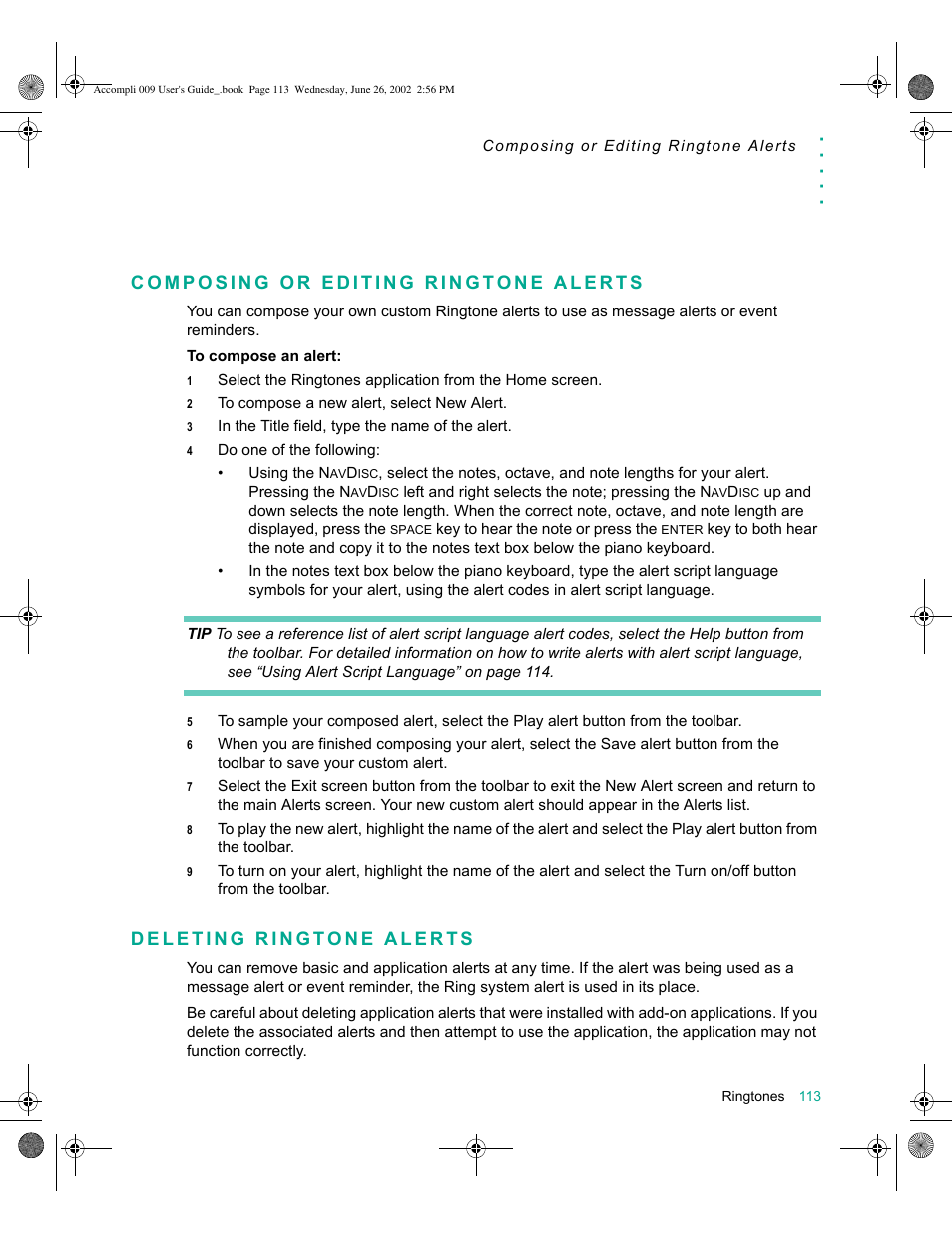 Composing or editing ringtone alerts, Deleting ringtone alerts | Motorola 009 User Manual | Page 113 / 190