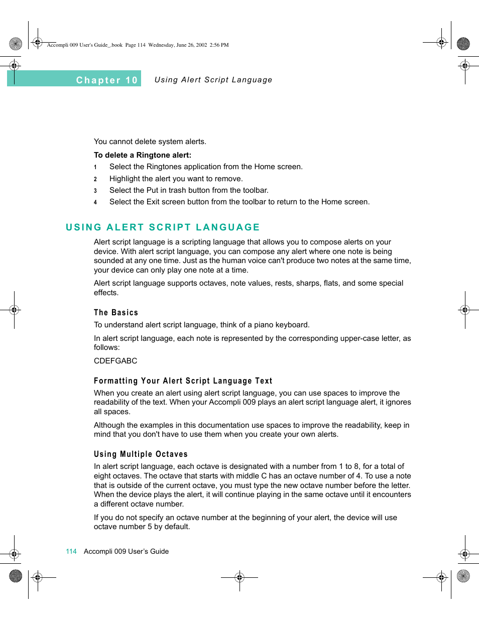 Using alert script language, The basics, Formatting your alert script language text | Using multiple octaves, Using alert script language 114 | Motorola 009 User Manual | Page 114 / 190