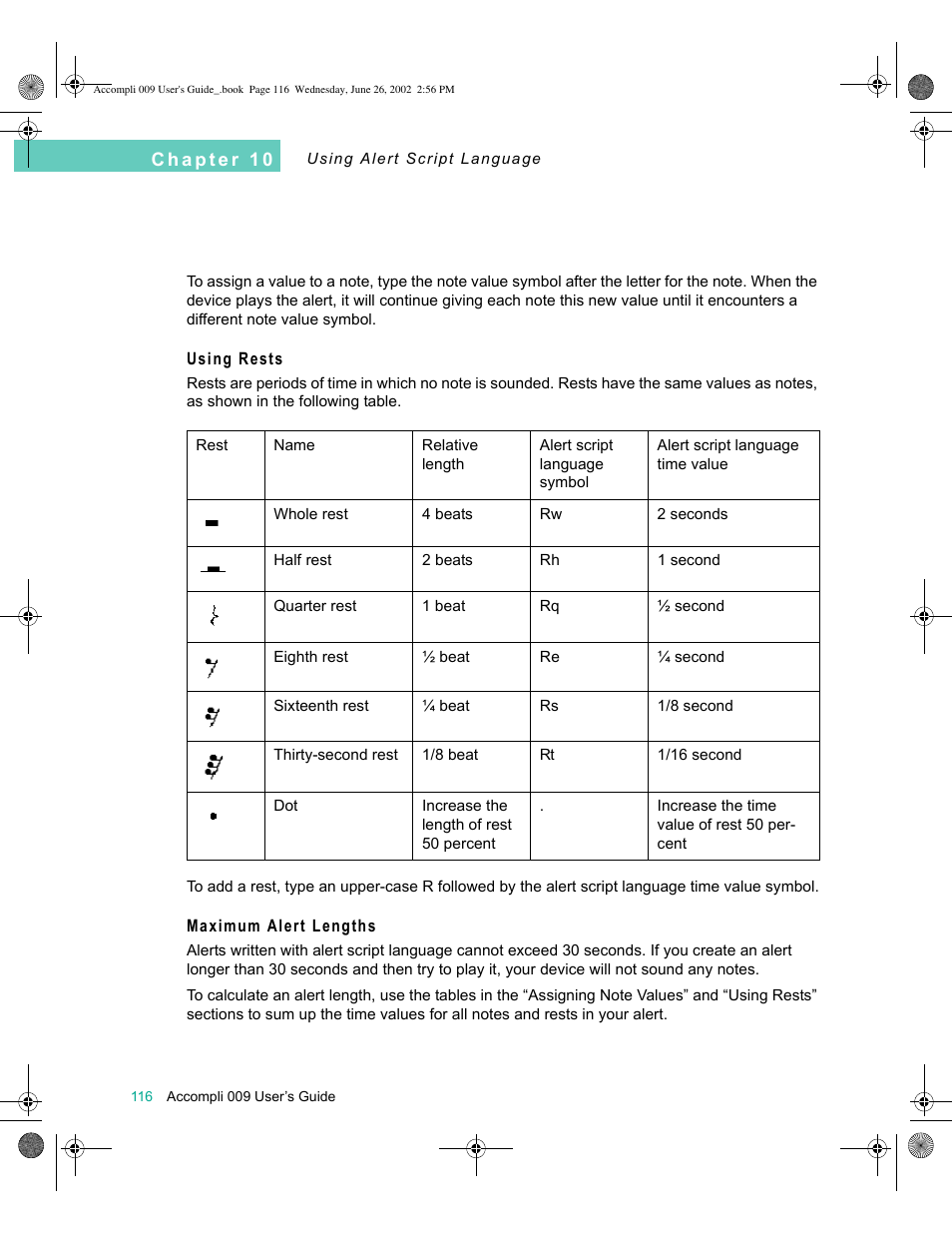 Using rests, Maximum alert lengths | Motorola 009 User Manual | Page 116 / 190