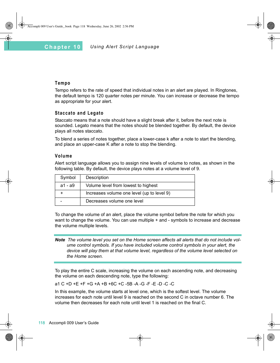 Tempo, Staccato and legato, Volume | Motorola 009 User Manual | Page 118 / 190