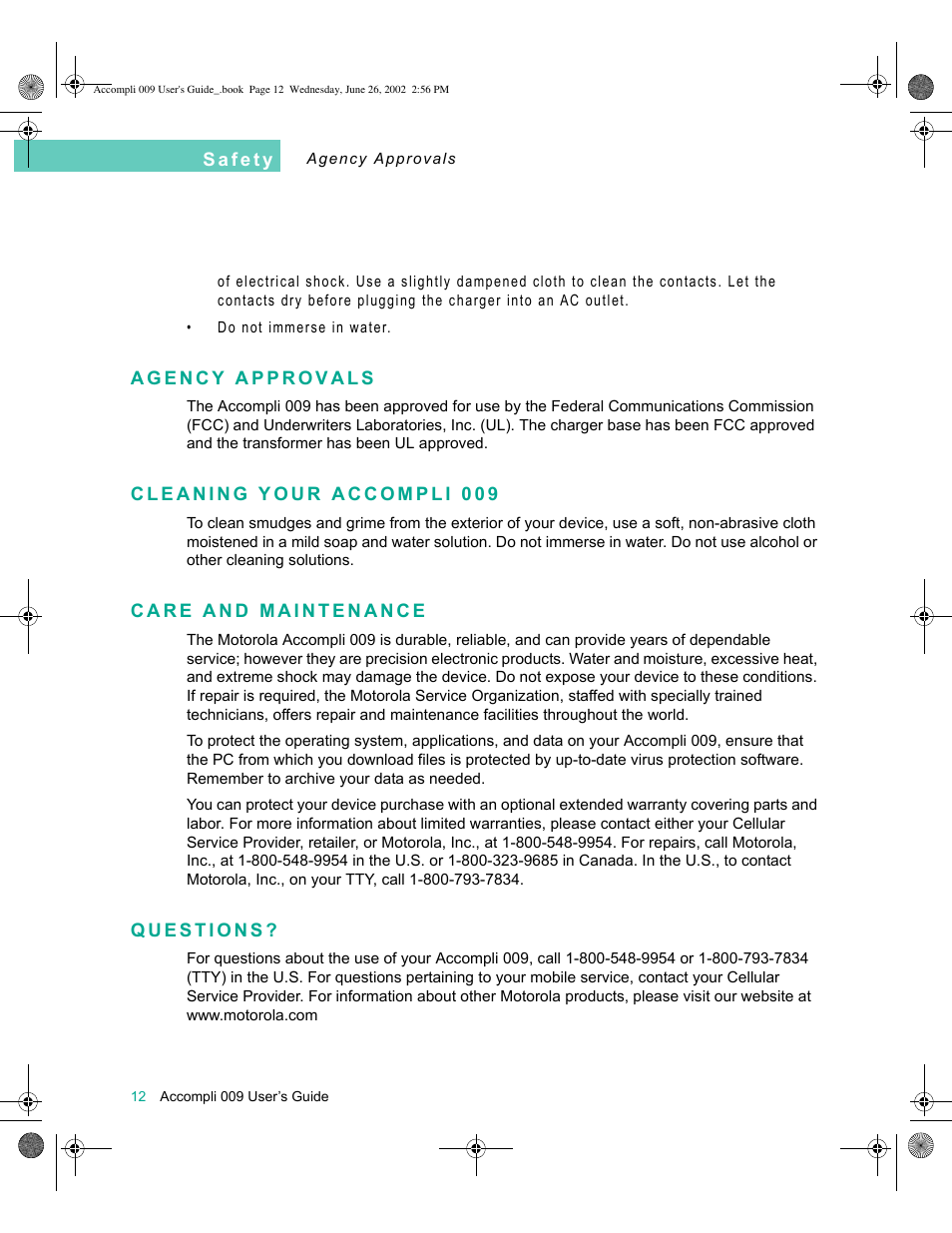 Agency approvals, Cleaning your accompli 009, Care and maintenance | Questions | Motorola 009 User Manual | Page 12 / 190