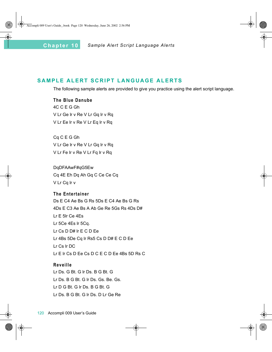 Sample alert script language alerts, The blue danube, The entertainer | Reveille, Sample alert script language alerts 120 | Motorola 009 User Manual | Page 120 / 190