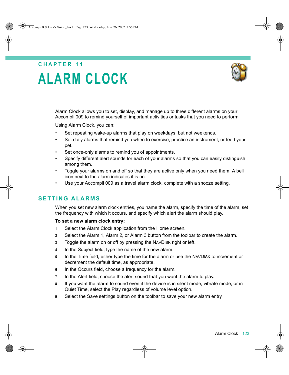 Setting alarms, Alarm clock 123, Setting alarms 123 | Alarm clock | Motorola 009 User Manual | Page 123 / 190