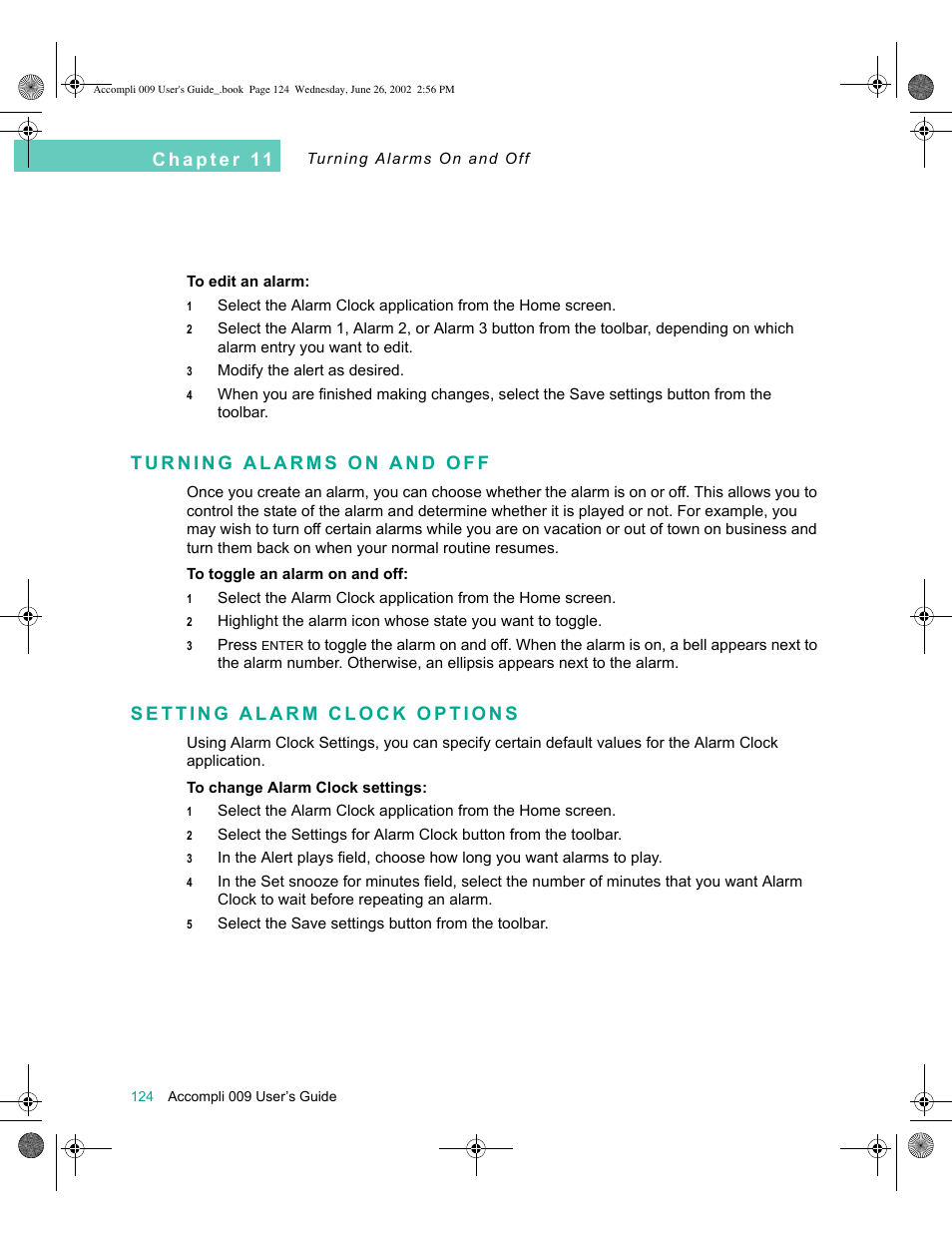 Turning alarms on and off, Setting alarm clock options | Motorola 009 User Manual | Page 124 / 190