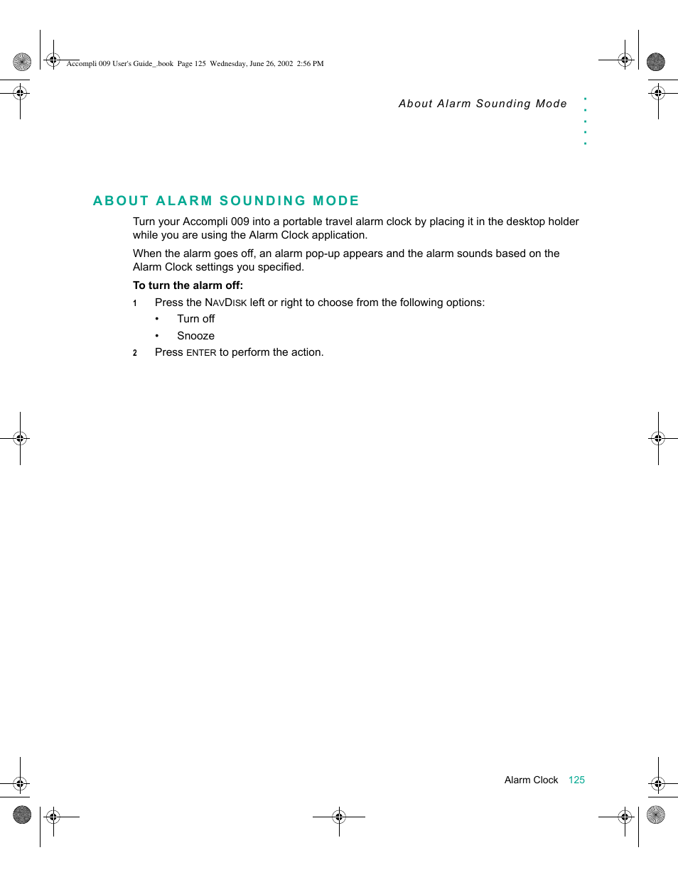 About alarm sounding mode, About alarm sounding mode 125 | Motorola 009 User Manual | Page 125 / 190