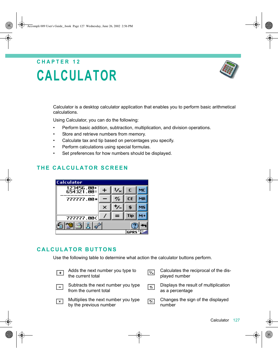 The calculator screen, Calculator buttons, Calculator 127 | The calculator screen 127 calculator buttons 127, Calculator | Motorola 009 User Manual | Page 127 / 190