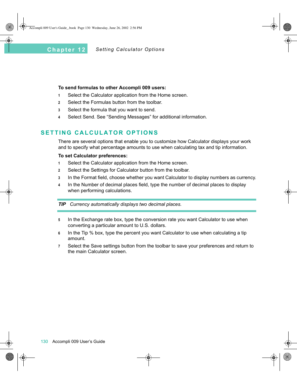 Setting calculator options, Setting calculator options 130 | Motorola 009 User Manual | Page 130 / 190