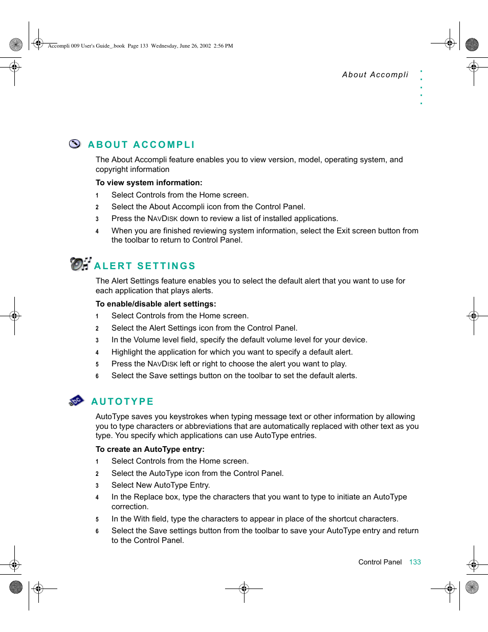 About accompli, Alert settings, Autotype | About accompli 133 alert settings 133 autotype 133 | Motorola 009 User Manual | Page 133 / 190