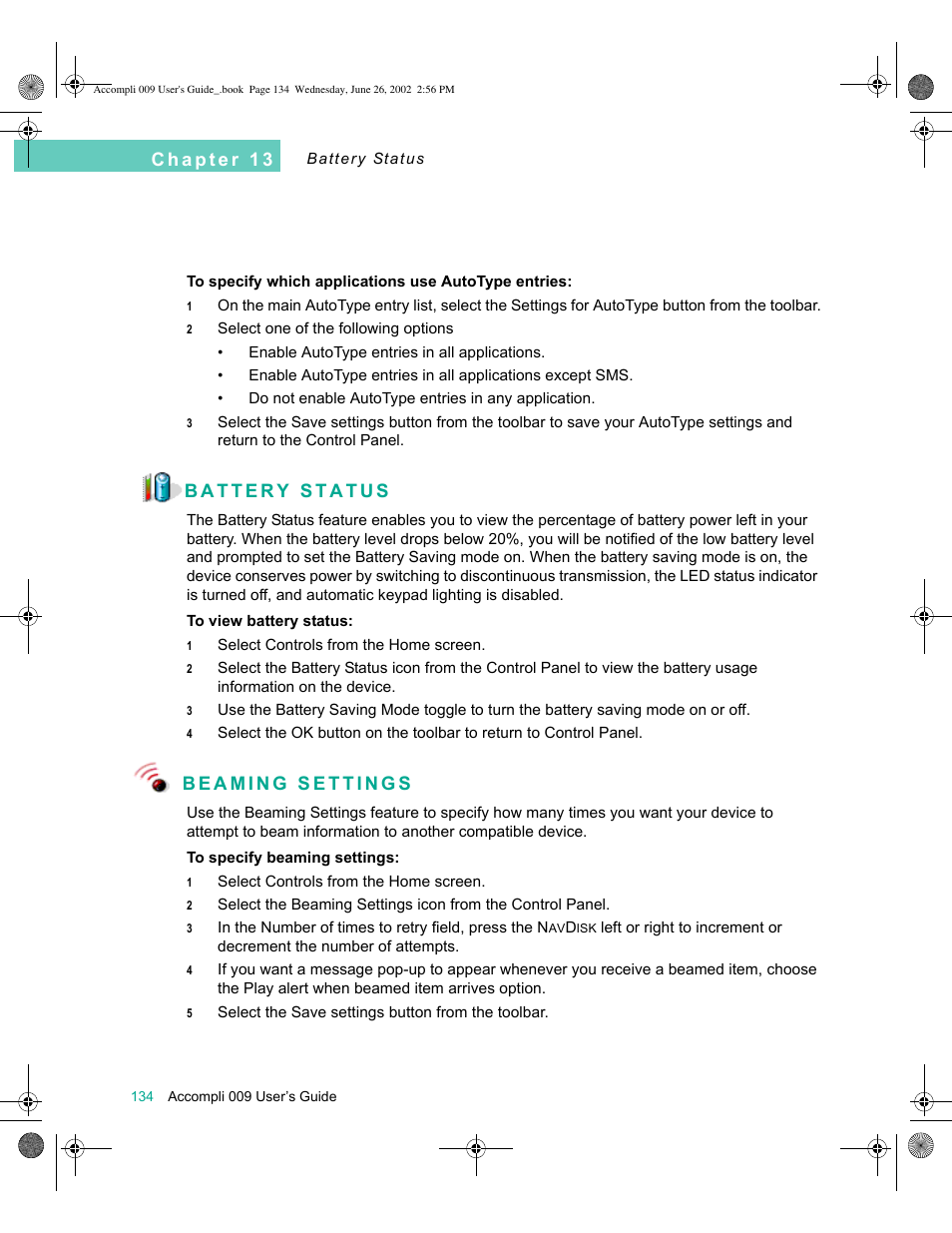 Battery status, Beaming settings, Battery status 134 beaming settings 134 | Motorola 009 User Manual | Page 134 / 190
