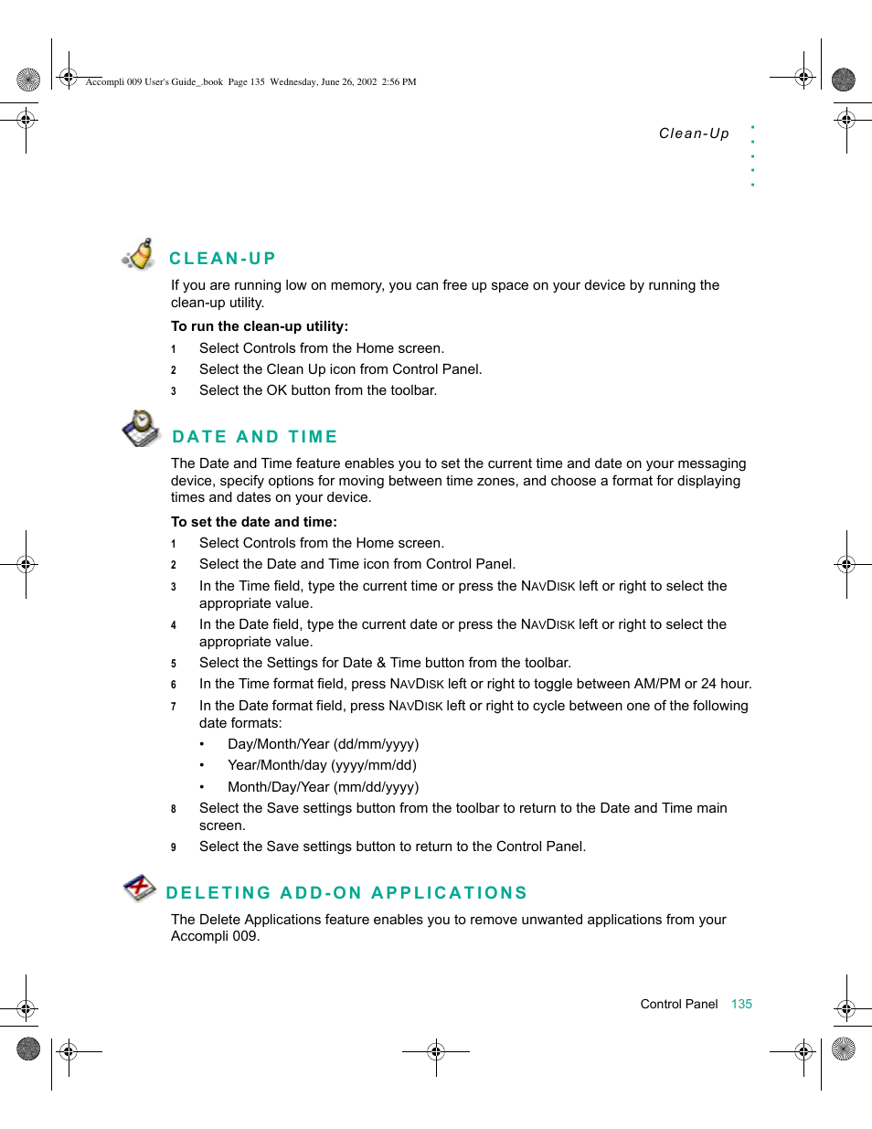 Clean-up, Date and time, Deleting add-on applications | Motorola 009 User Manual | Page 135 / 190