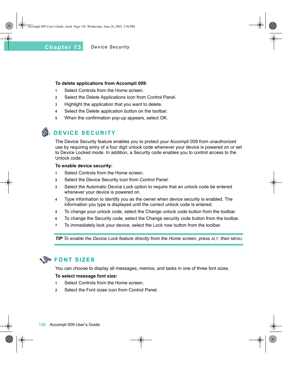 Device security, Font sizes, Font sizes 136 | Motorola 009 User Manual | Page 136 / 190