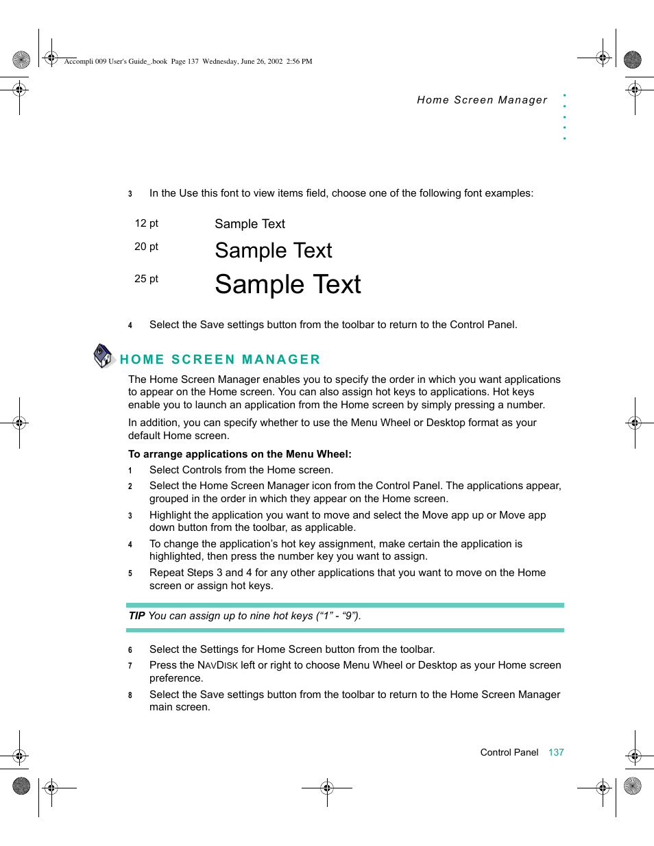 Home screen manager, Home screen manager 137, Sample text | Motorola 009 User Manual | Page 137 / 190