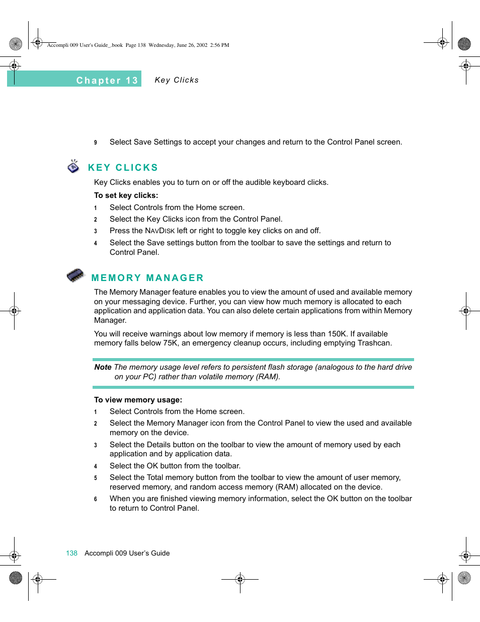 Key clicks, Memory manager, Key clicks 138 memory manager 138 | Motorola 009 User Manual | Page 138 / 190