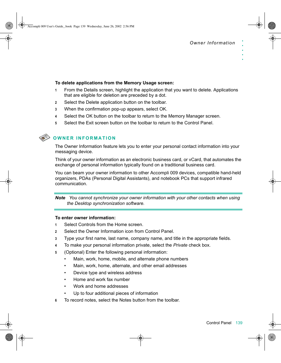 Owner information, Owner information 139 | Motorola 009 User Manual | Page 139 / 190