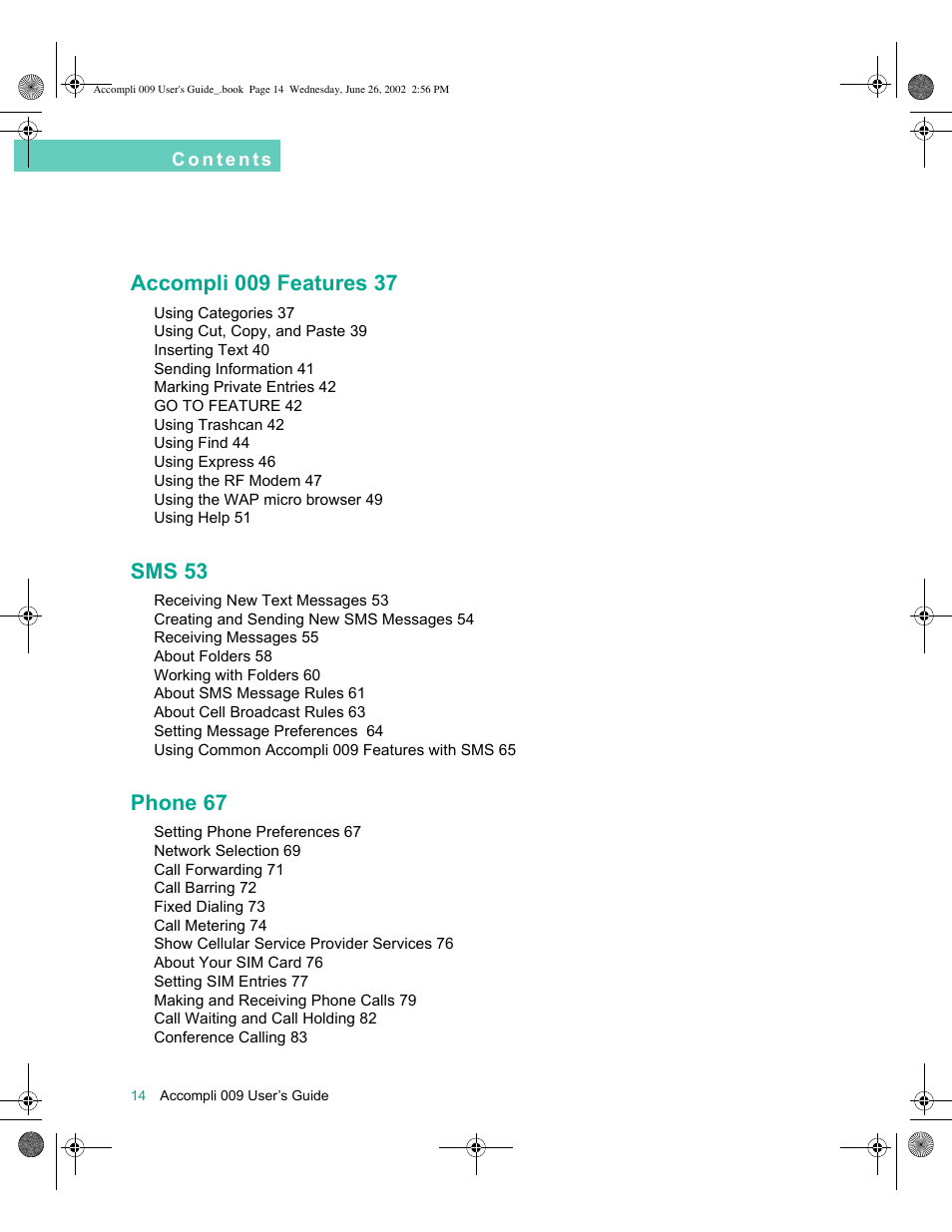 Sms 53, Phone 67 | Motorola 009 User Manual | Page 14 / 190