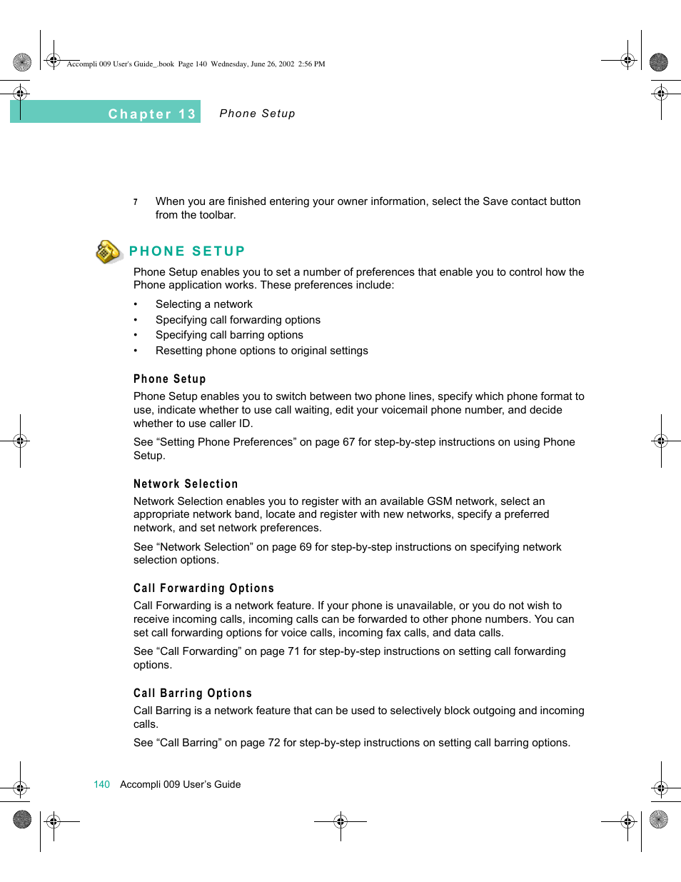 Phone setup, Network selection, Call forwarding options | Call barring options, Phone setup 140 | Motorola 009 User Manual | Page 140 / 190