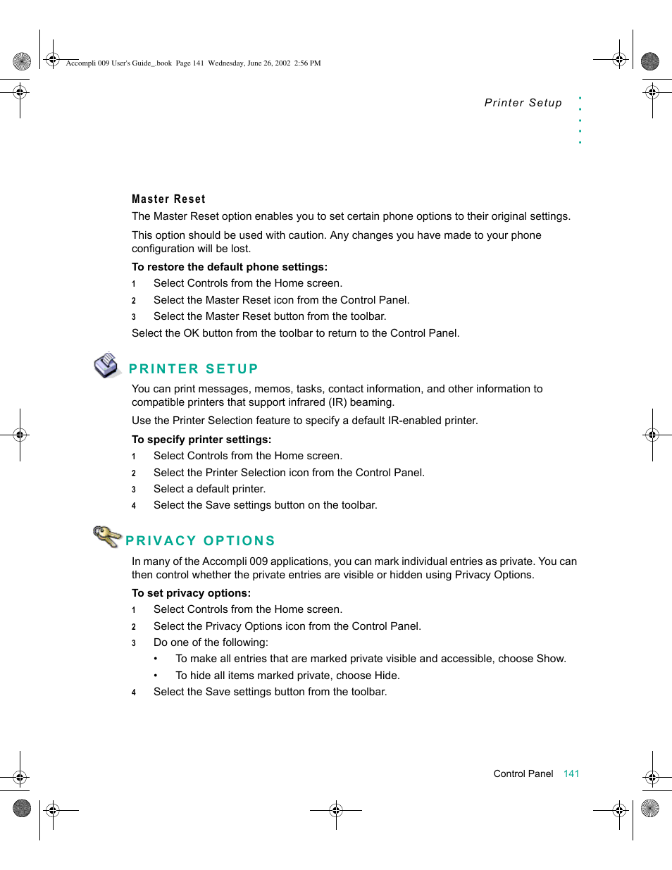 Master reset, Printer setup, Privacy options | Printer setup 141 privacy options 141 | Motorola 009 User Manual | Page 141 / 190