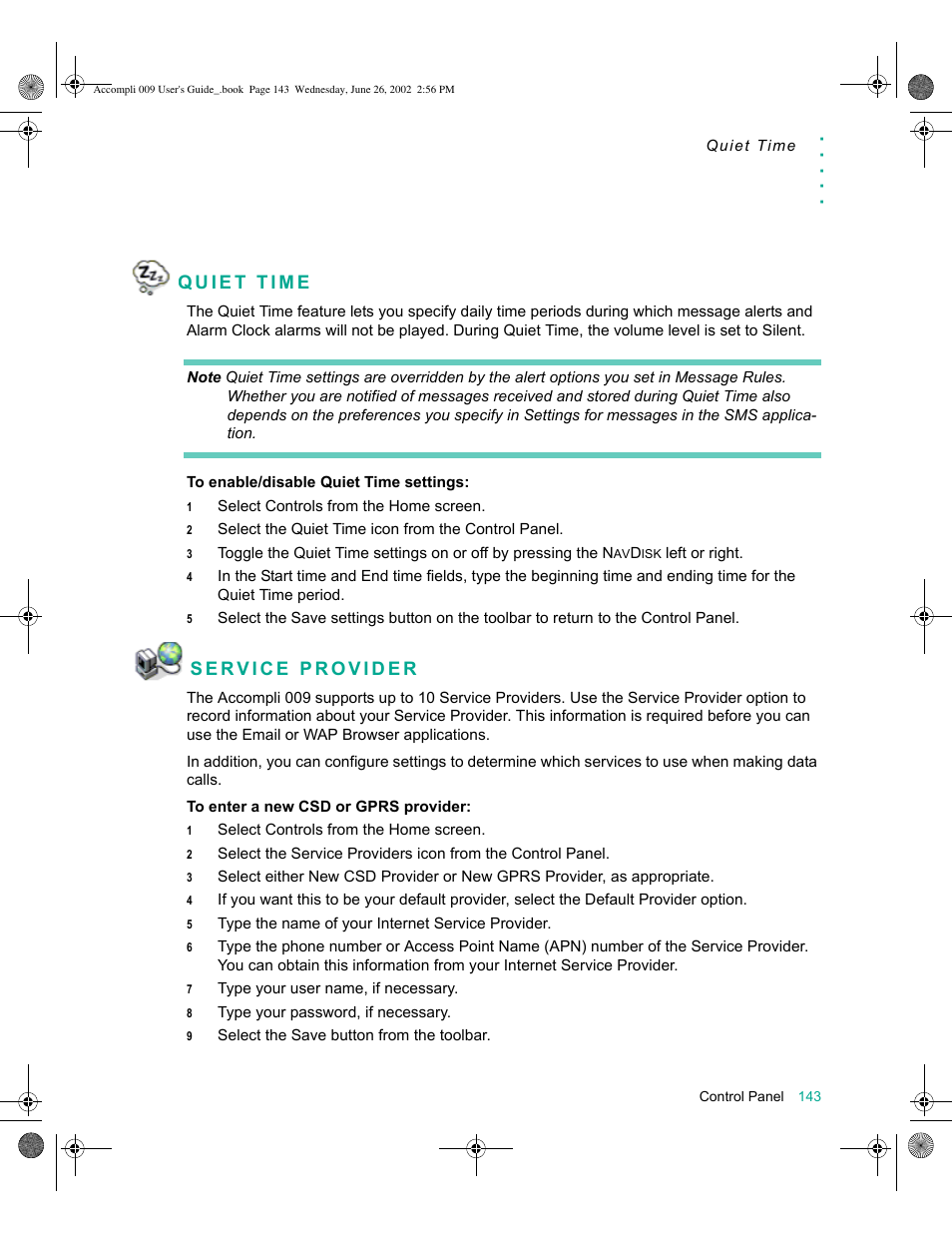 Quiet time, Service provider, Quiet time 143 service provider 143 | Motorola 009 User Manual | Page 143 / 190