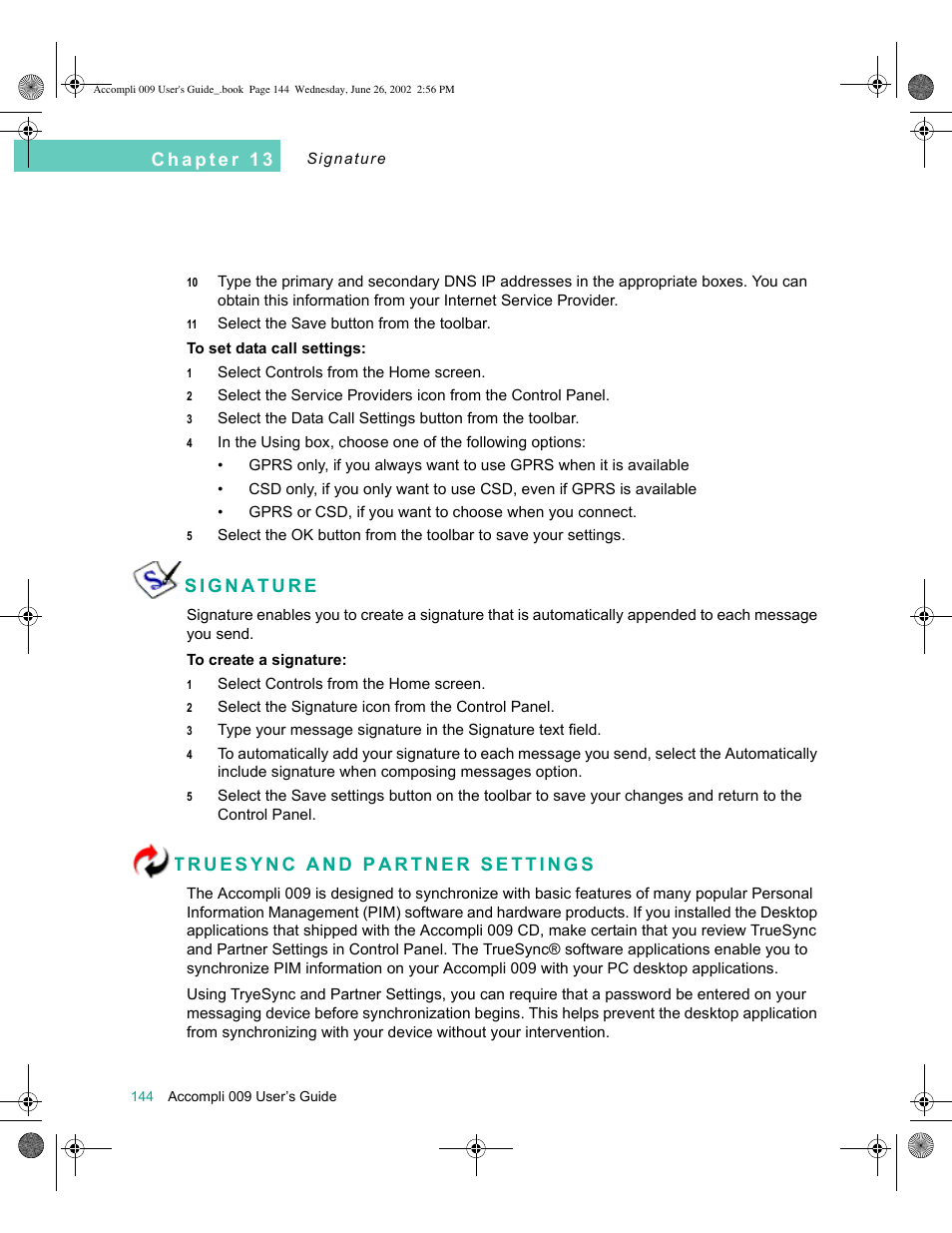 Signature, Truesync and partner settings, Signature 144 truesync and partner settings 144 | Motorola 009 User Manual | Page 144 / 190